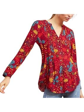 Maeve Anthropologie Pintucked Blouse Red Floral Long Sleeve Top Size Small